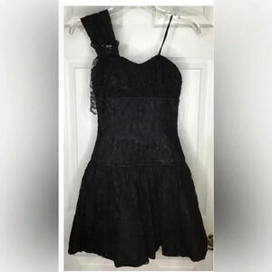 Women JILL STUART Black One Shoulder Jewel Lace Bubble Hem Dress Sz 0 EUC